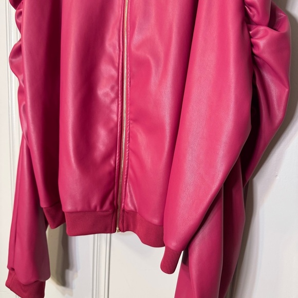 Ashley Stewart Plus Size Faux Leather Ruched Bomber Jacket Hot Pink Ruffle 32 5X - Picture 4 of 13